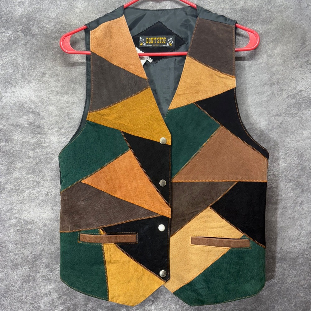Vintage 90s Dont Stop Patchwork Leather Vest Waistcoat Mens M Western Green Tan